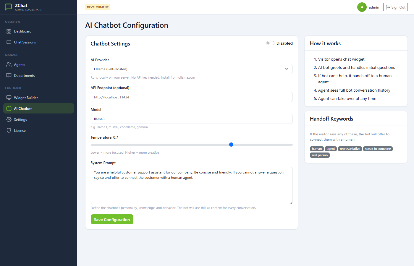 ZChat AI chatbot configuration with provider and handoff settings