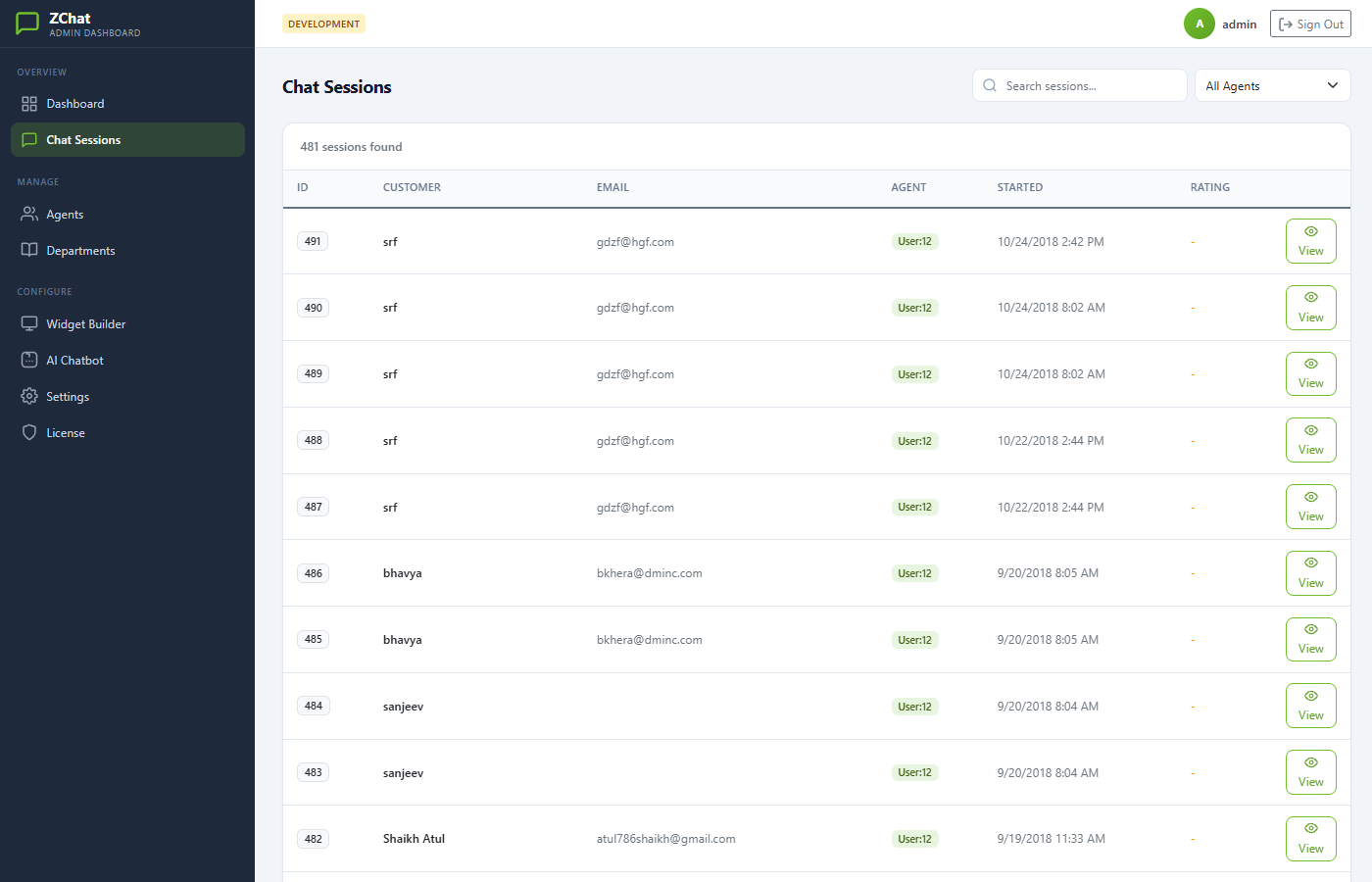 ZChat chat sessions list with search and filtering