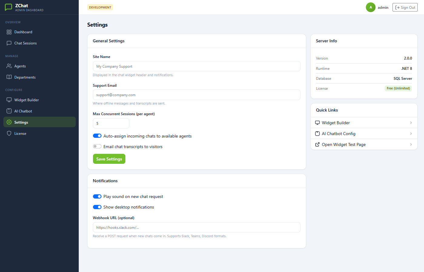 ZChat server settings