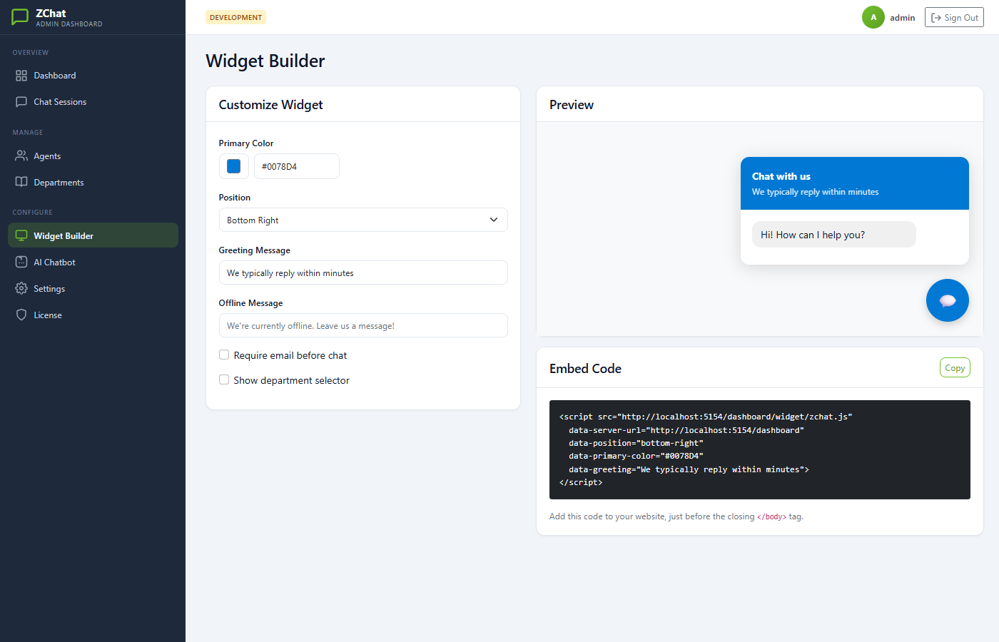 ZChat widget builder with live preview and embed code